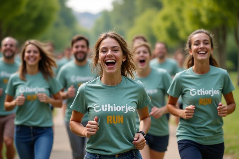 Group of corporate employees in matching t-shirts running for charity