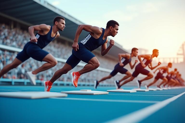 Sprinters bursting from starting blocks on a professional track