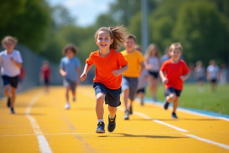 Young athletes competing in a track and field event, parents cheering on