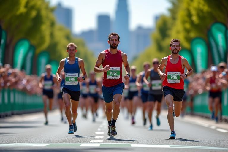 Runners crossing the finish line at the Melbourne Marathon, cheering crowd in background