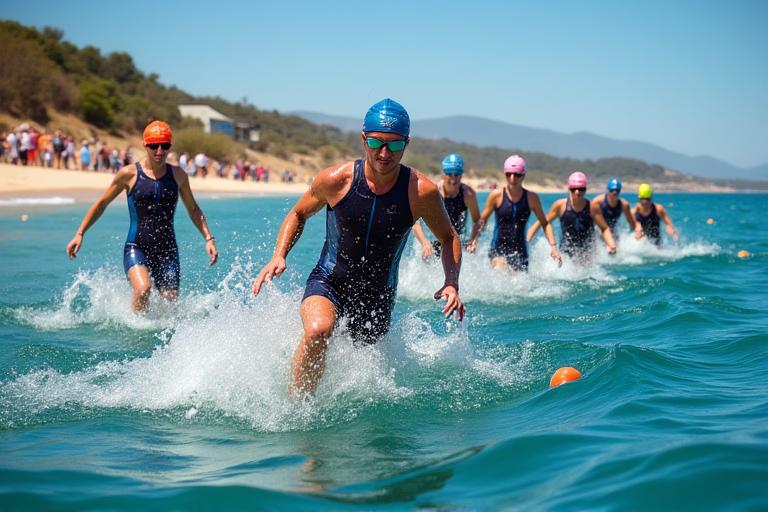 Triathlon athletes swimming out from a scenic beach start