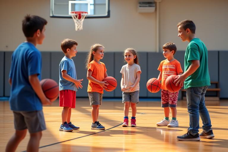 Children playing basketball with a coach on an indoor court