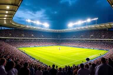 Large sports arena filled with spectators during an event, lit by spotlights