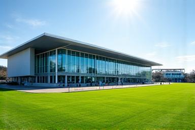 Modern multi-sport complex building exterior with clear skies, representing facilities management