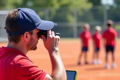 A scout with binoculars observing young athletes on a sports field, representing talent identification
